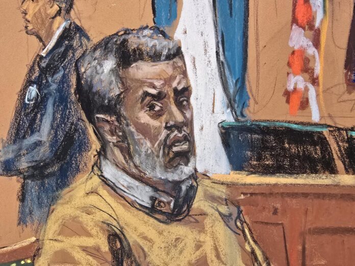 Fotografía de archivo de un dibujo realizado por la artista Jane Rosenberg donde aparece el rapero Sean Combs 'Diddy' esperando su sentencia durante el juicio realizado en un tribunal de Nueva York.  EFE/Jane Rosenberg

