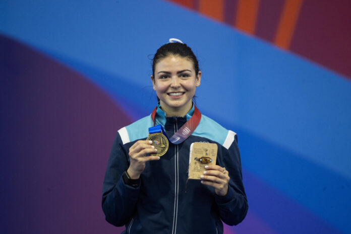 María Higueros dio este sábado a Guatemala la primera medalla de oro en los Juegos Centroamericanos y del Caribe (JCC) Santo Domingo 2026 al dominar la especialidad poomsae tradicional del taekwondo. EFE/ Orlando Barría
