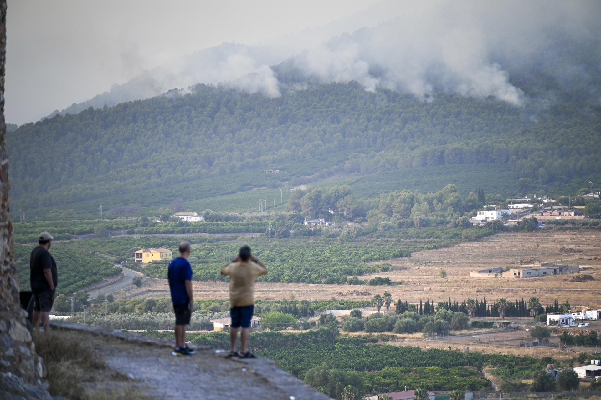 Varias personas observan la fuerte humareda del incendio que afecta a la provincia española de Castellón.  EFE/ Andreu Esteban
