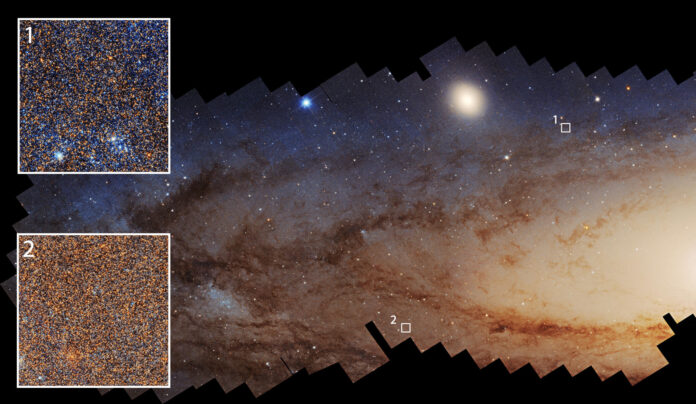 Fotografía cedida por la NASA tomada por el telescopio espacial Hubble el detalle de millones de estrellas en la galaxia de Andrómeda, donde las regiones que han experimentado una formación estelar reciente (1) se ven notablemente más azules que aquellas con una formación estelar menos reciente (2). EFE/NASA/ESA Benjamin Williams (UWashington) /Zhuo Chen (UWashington) /L. Clifton Johnson (Northwestern) /Image Processing: Joseph DePasquale (STScI) /SOLO USO EDITORIAL /NO VENTAS /SOLO DISPONIBLE PARA ILUSTRAR LA NOTICIA QUE ACOMPAÑA /CRÉDITO OBLIGATORIO
